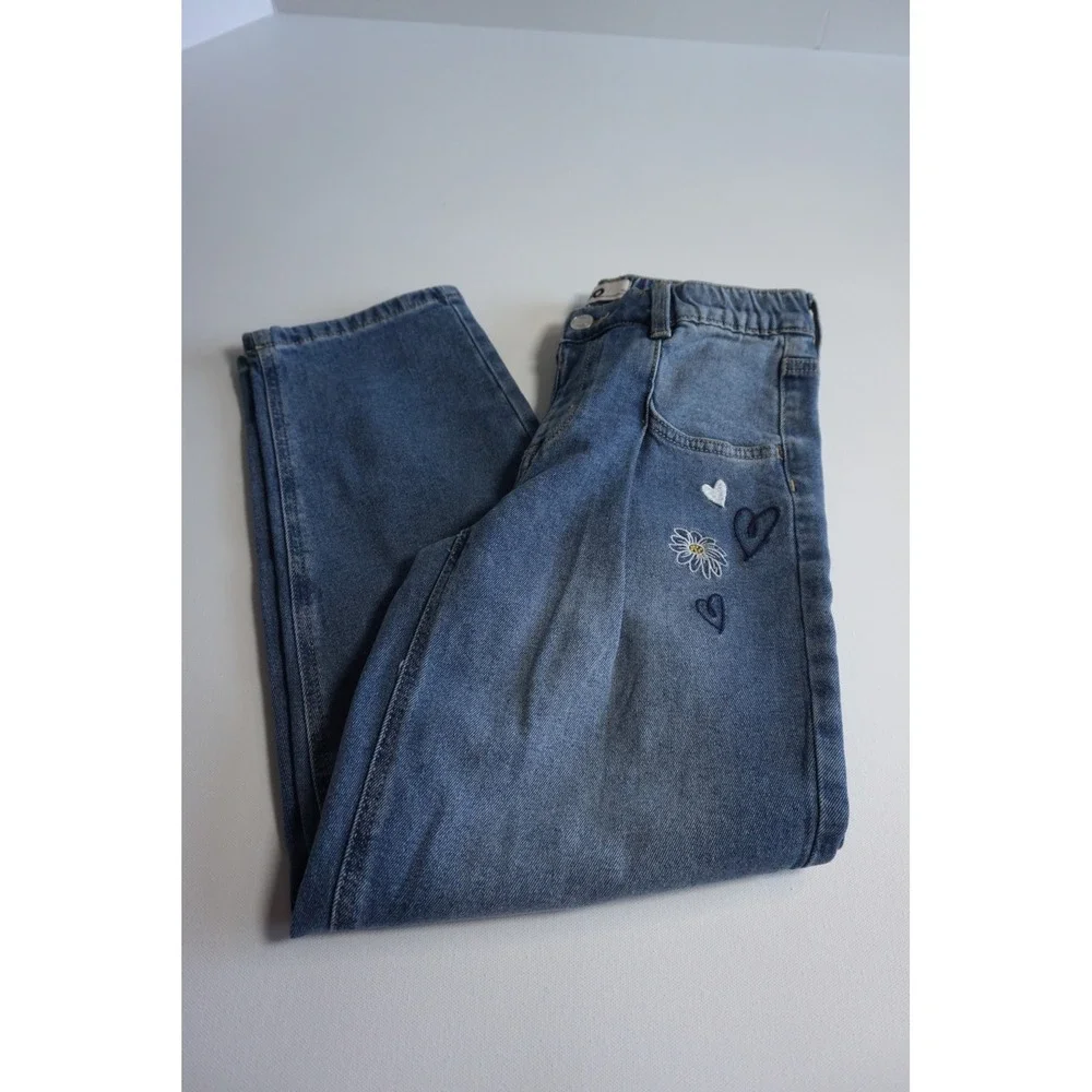SO Girls Embroidered Heart Daisy Floral Straight Leg Denim Jeans Blue Size 10